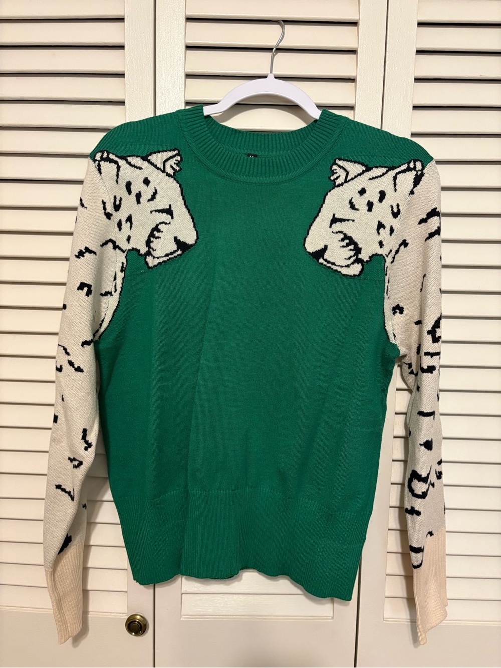 Crewneck Sweater with Cream Leopard-Print Sleeves - Green